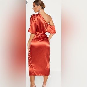 Rust Satin One Shoulder Ruched Skirt Midi Dress